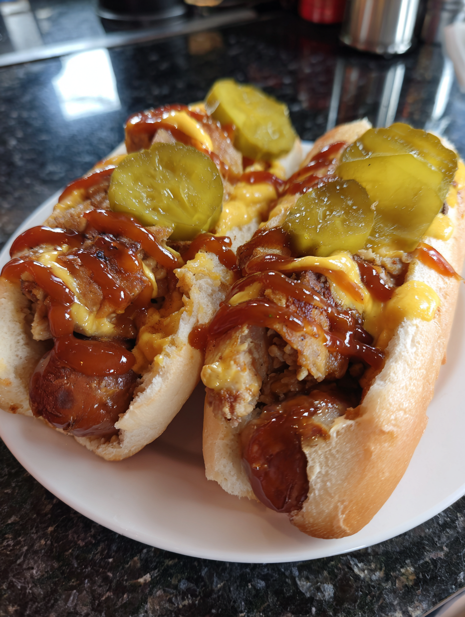Two hot dogs with mustard and pickles on a plate.