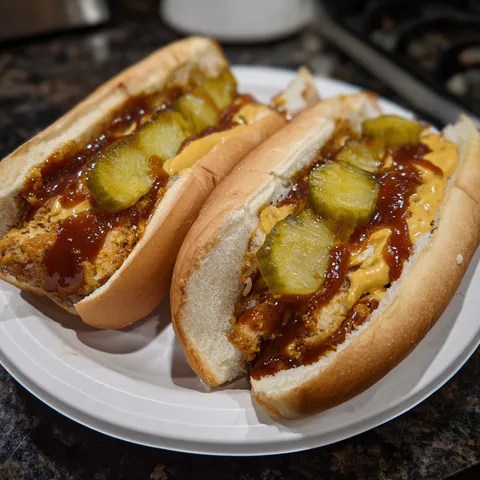 Two chili cheese hot dogs on a white plate.