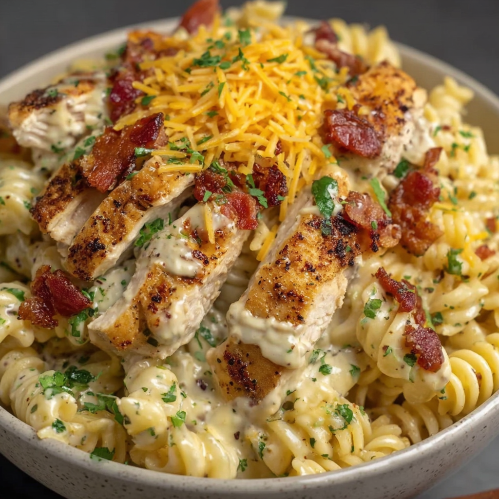 A bowl of pasta with chicken and cheese.
