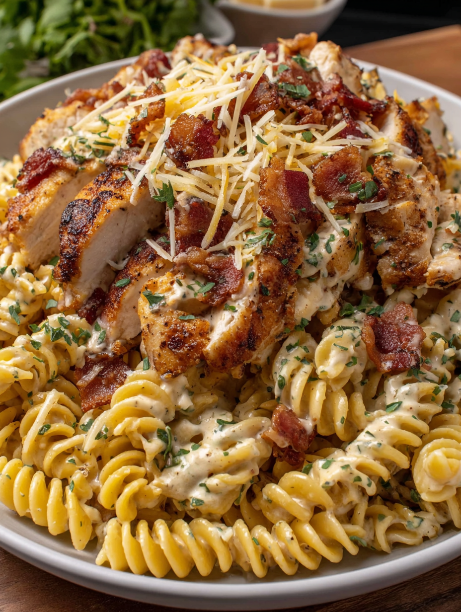 A plate of pasta with chicken and cheese.