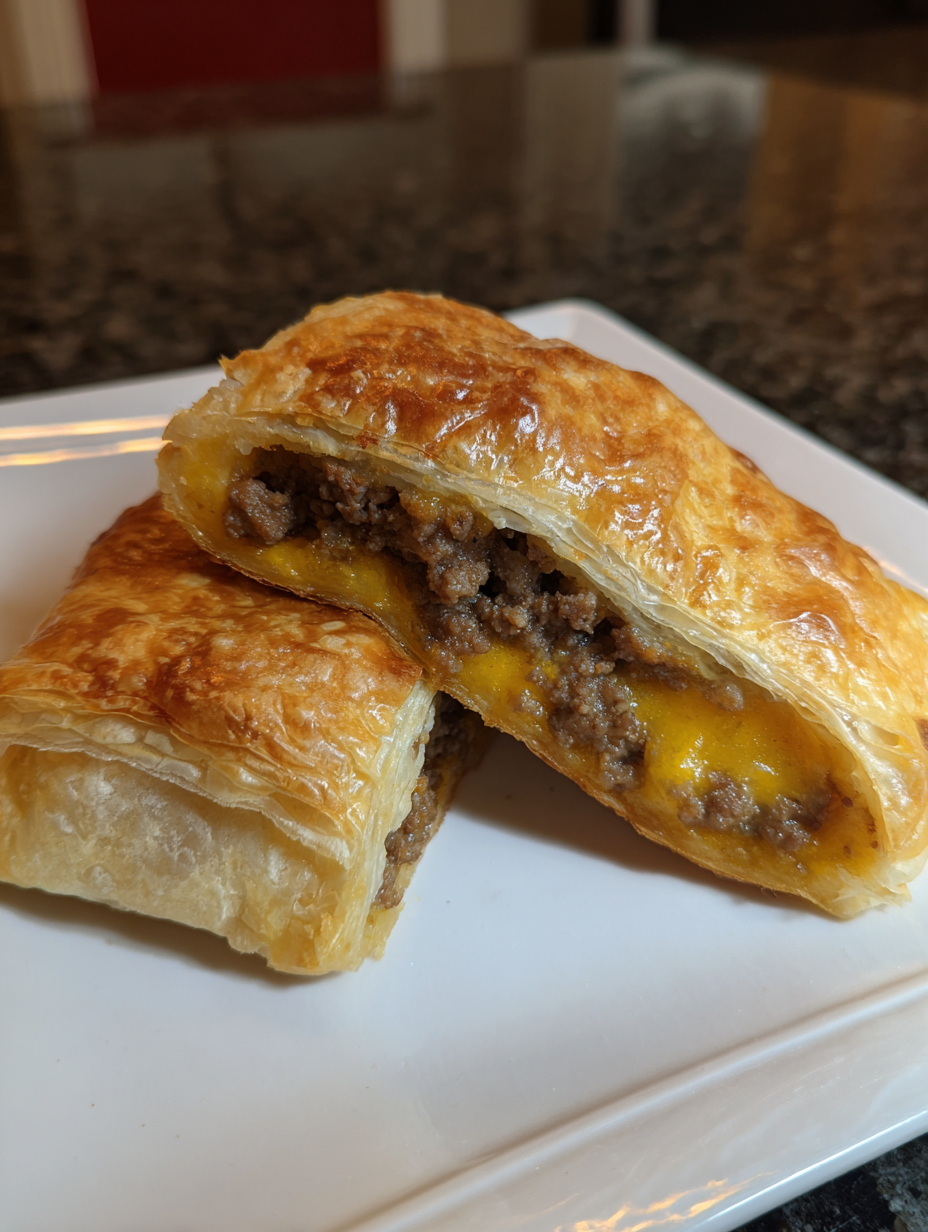 Two pieces of meat and cheese in a pastry.