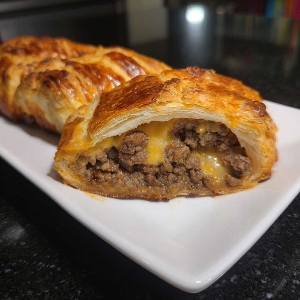 A pastry with meat inside.