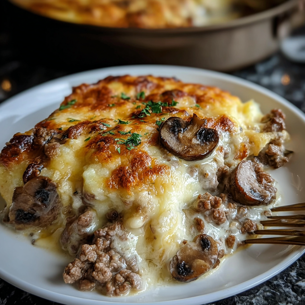 A plate of food with mushrooms and meat.