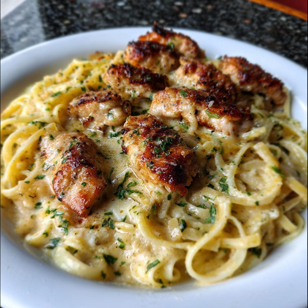 A plate of pasta with chicken on top.
