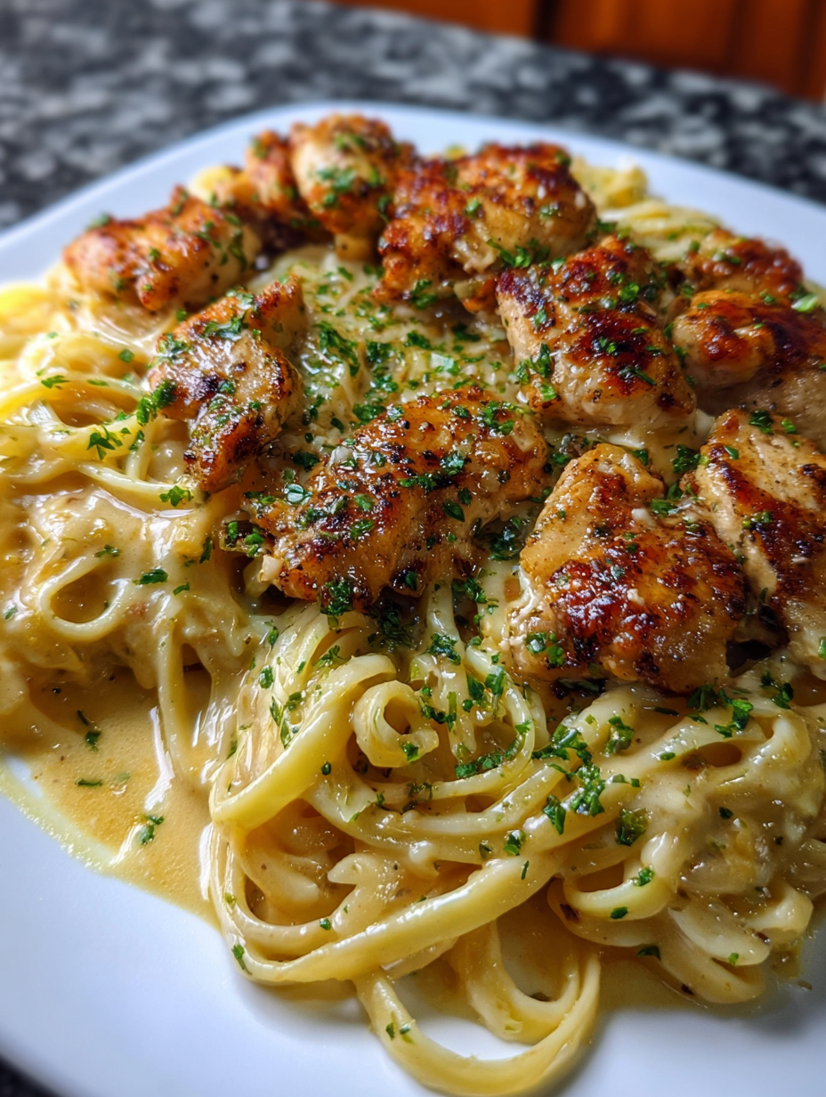 A plate of pasta with chicken and herbs.