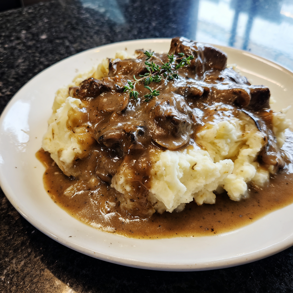 A plate of food with mushrooms and potatoes.