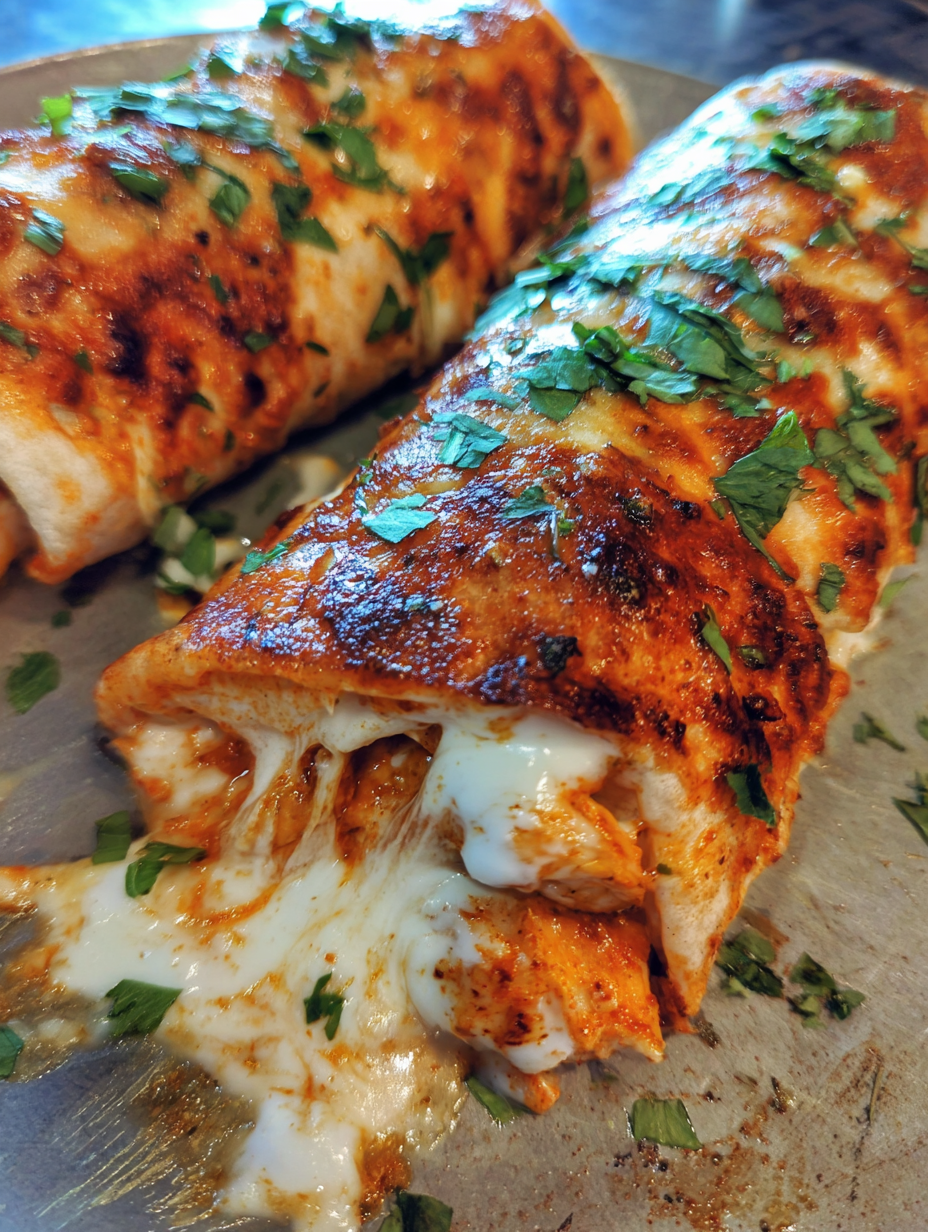 A burrito with white cheese and green onions.