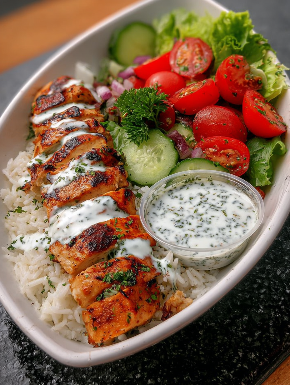 A bowl of food with rice, meat, and vegetables.