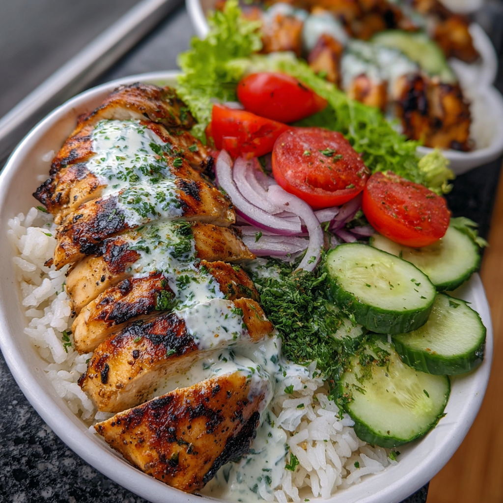 A plate of food with rice, tomatoes, cucumbers, onions, and meat.
