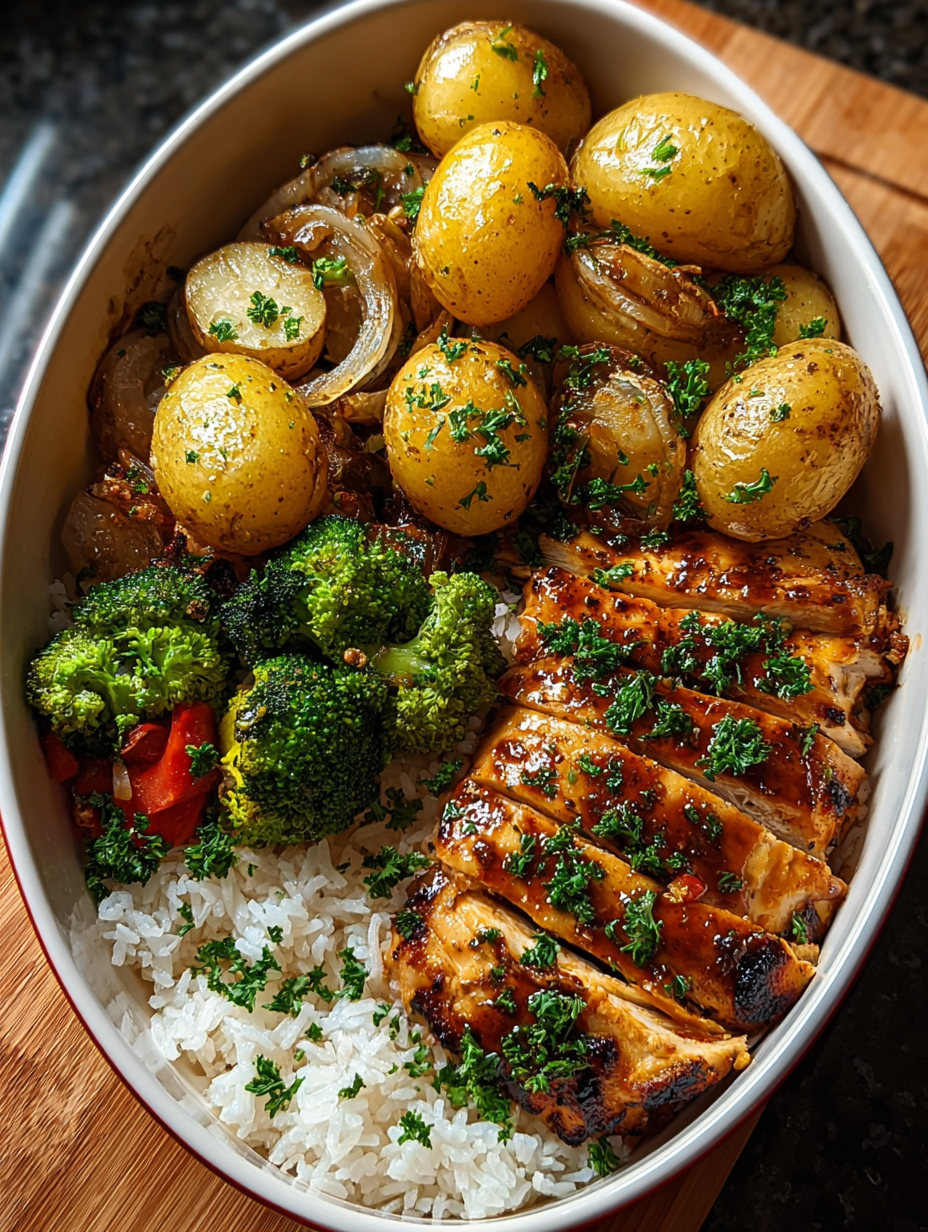 A bowl of food with rice, broccoli, potatoes, and meat.