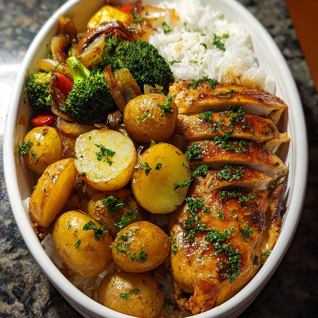 A bowl of food with rice, chicken, broccoli, and potatoes.