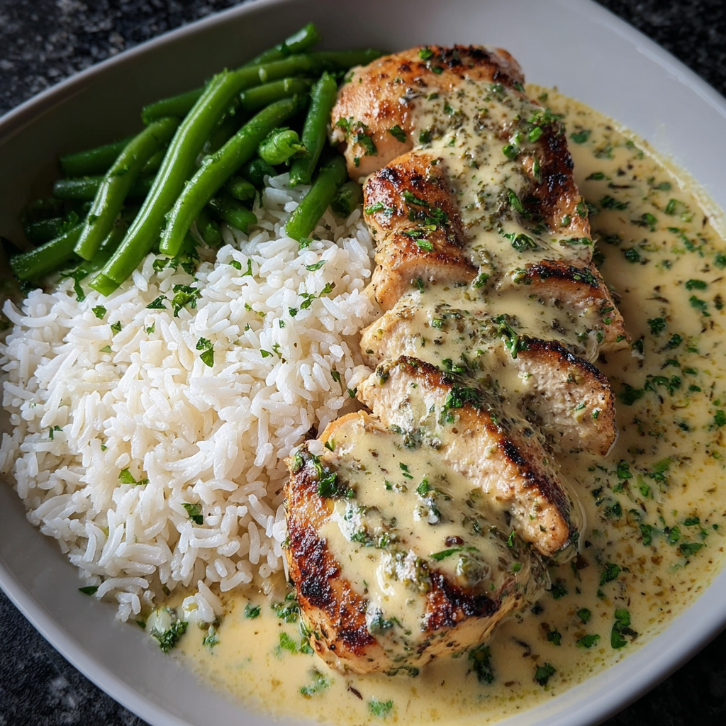 A plate of food with rice, chicken, and green beans.