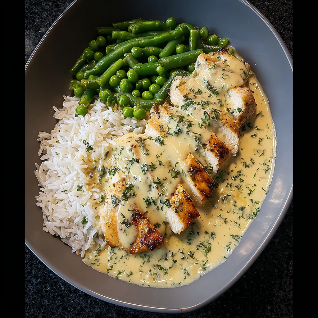 A bowl of food with rice, chicken, and green beans.