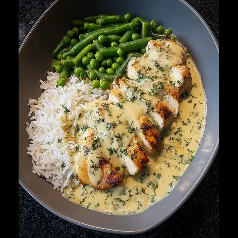 A bowl of food with rice, chicken, and green beans.