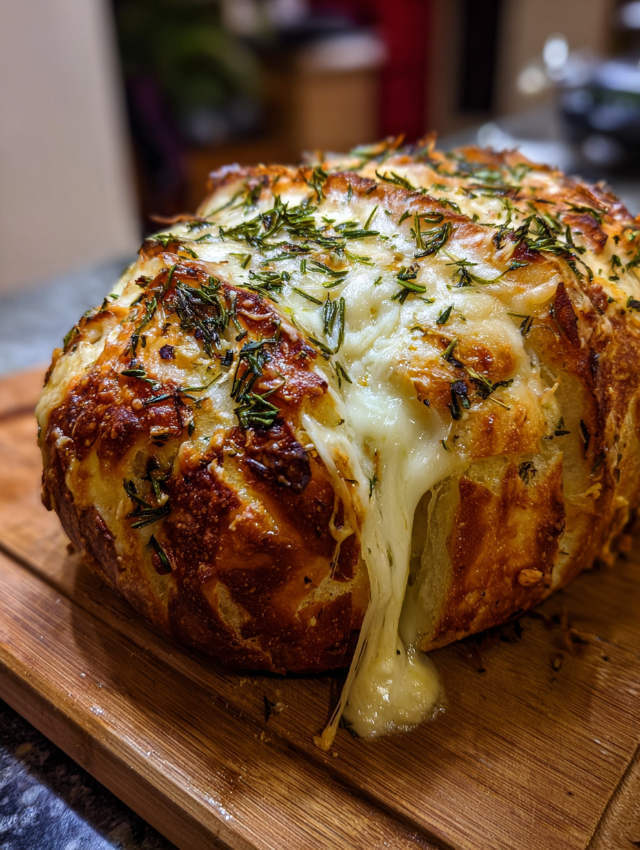 A cheese bread with melted cheese on top.