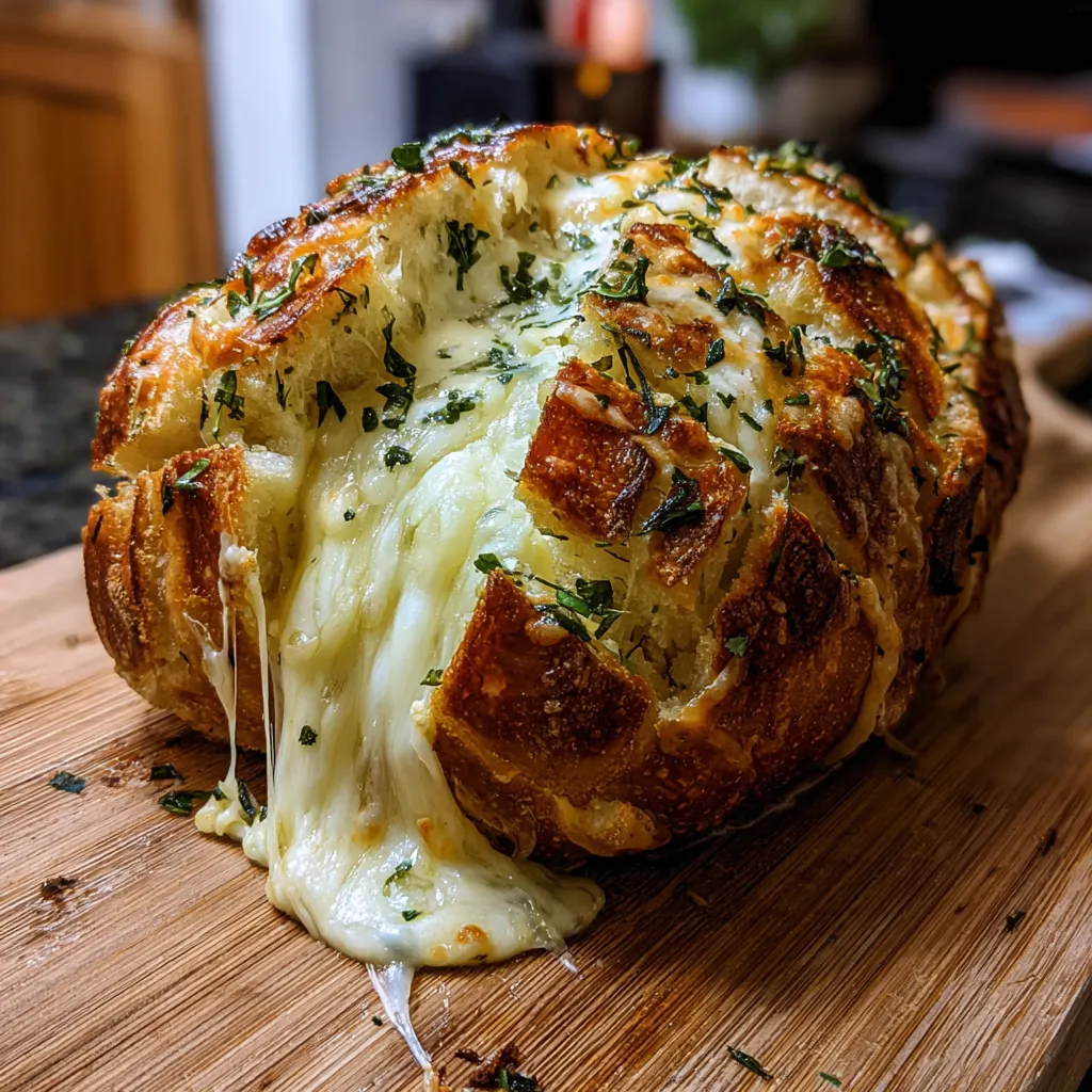 A cheese bread on a wooden cutting board.