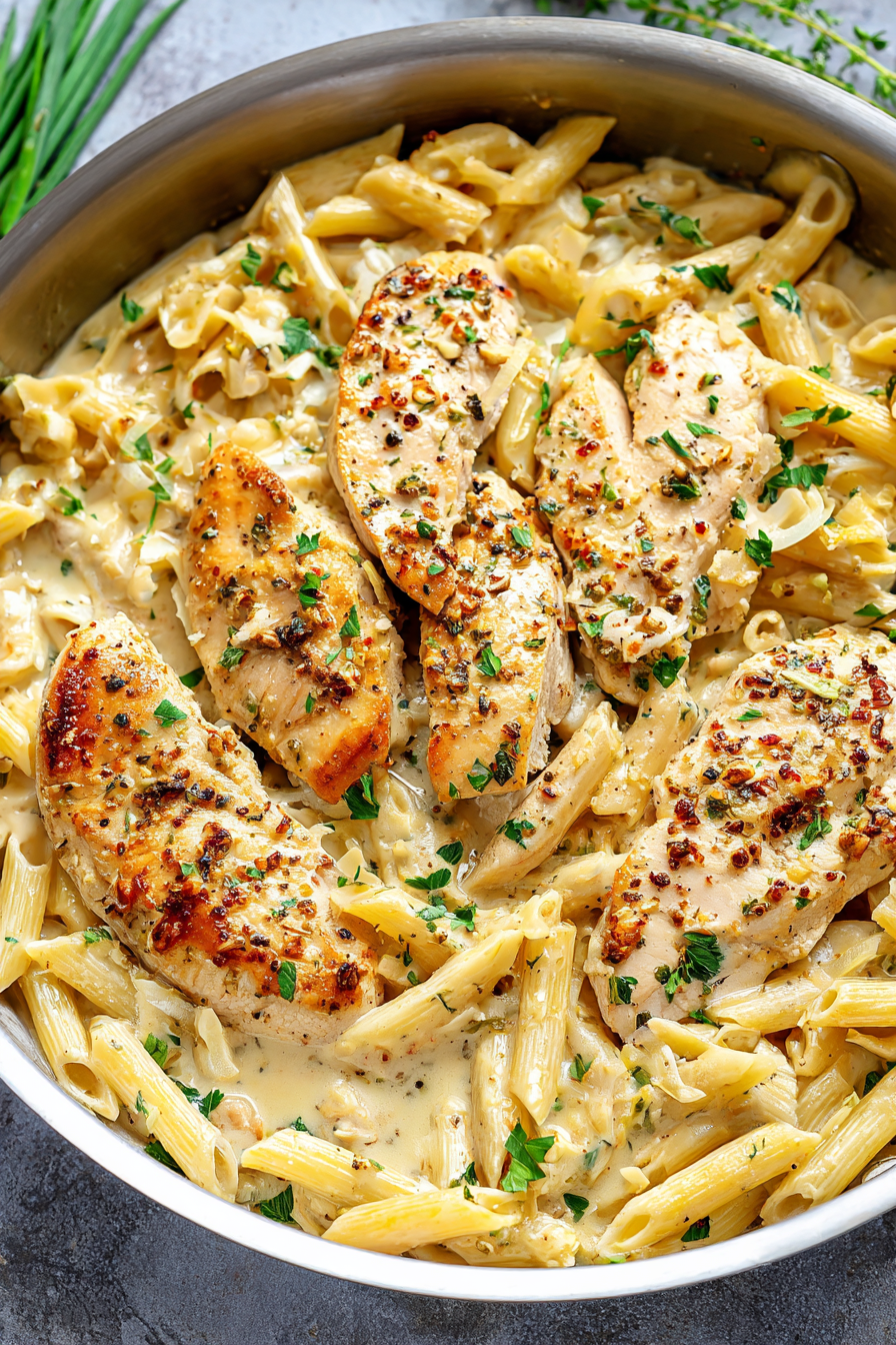 A bowl of pasta with chicken and herbs.
