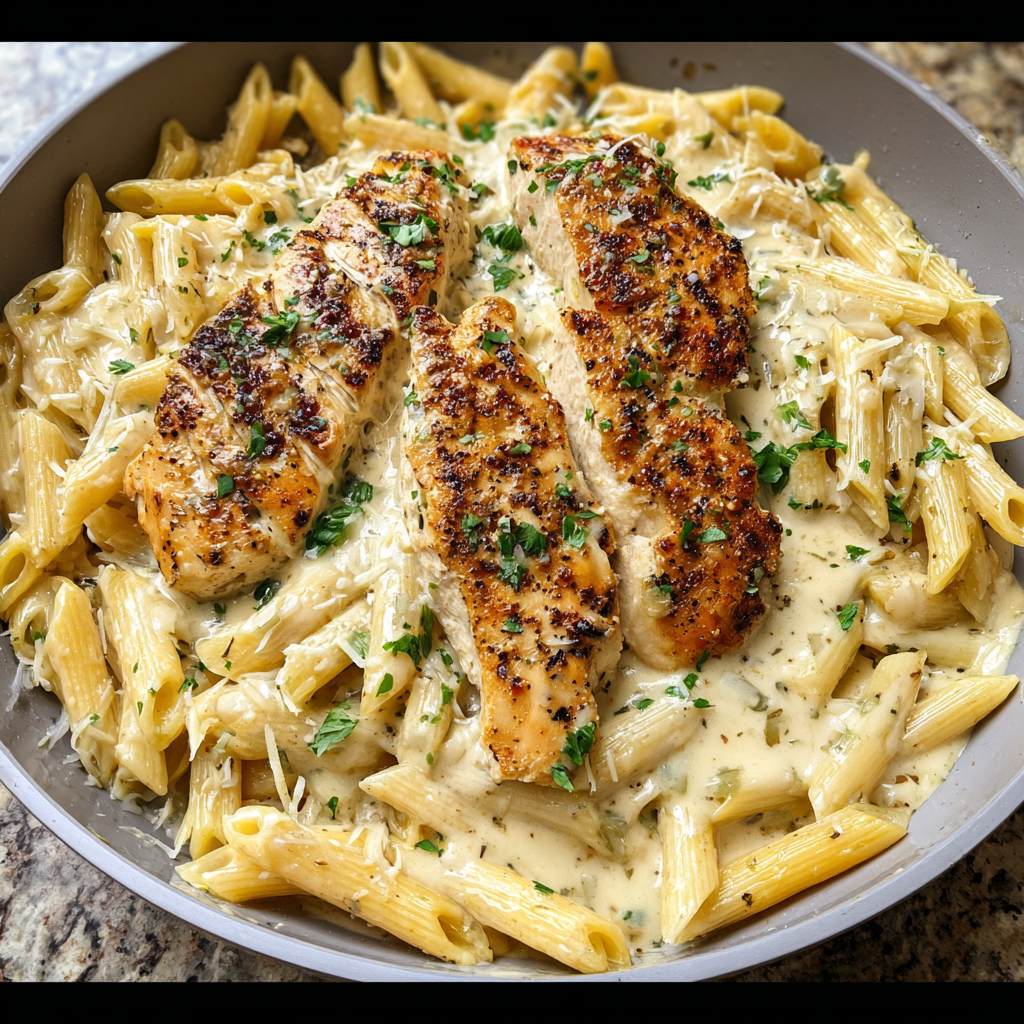 A plate of pasta with chicken and herbs.