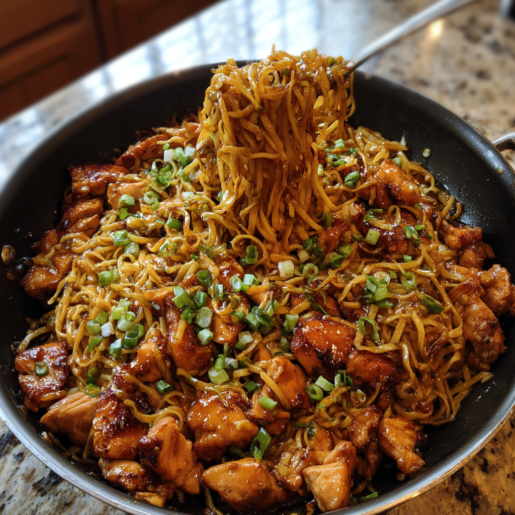 A bowl of noodles with chicken and vegetables.
