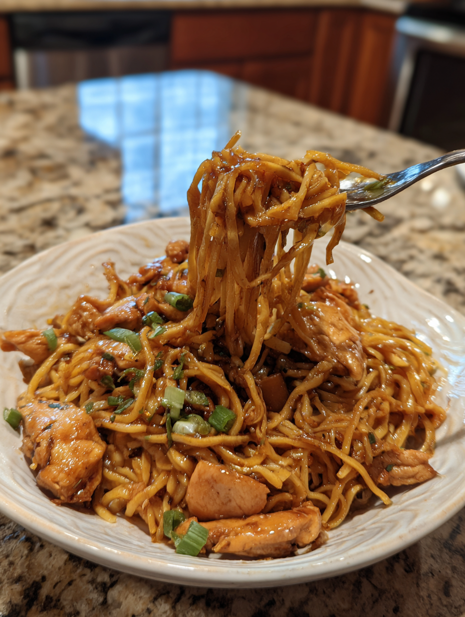 A plate of noodles with chicken and vegetables.