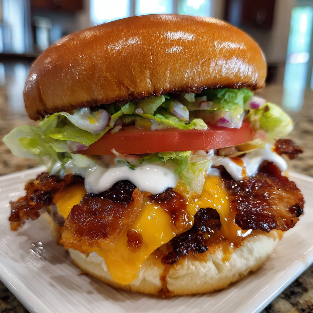 A close up of a bacon cheeseburger with lettuce and tomato.