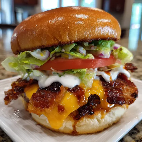 A close up of a bacon cheeseburger with lettuce and tomato.