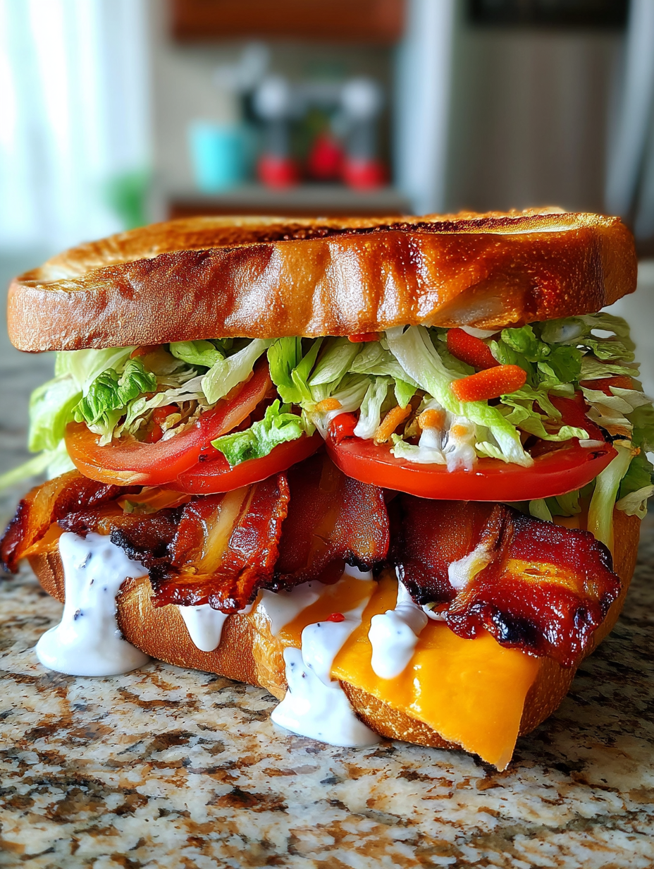 A sandwich with lettuce, tomato, and bacon.
