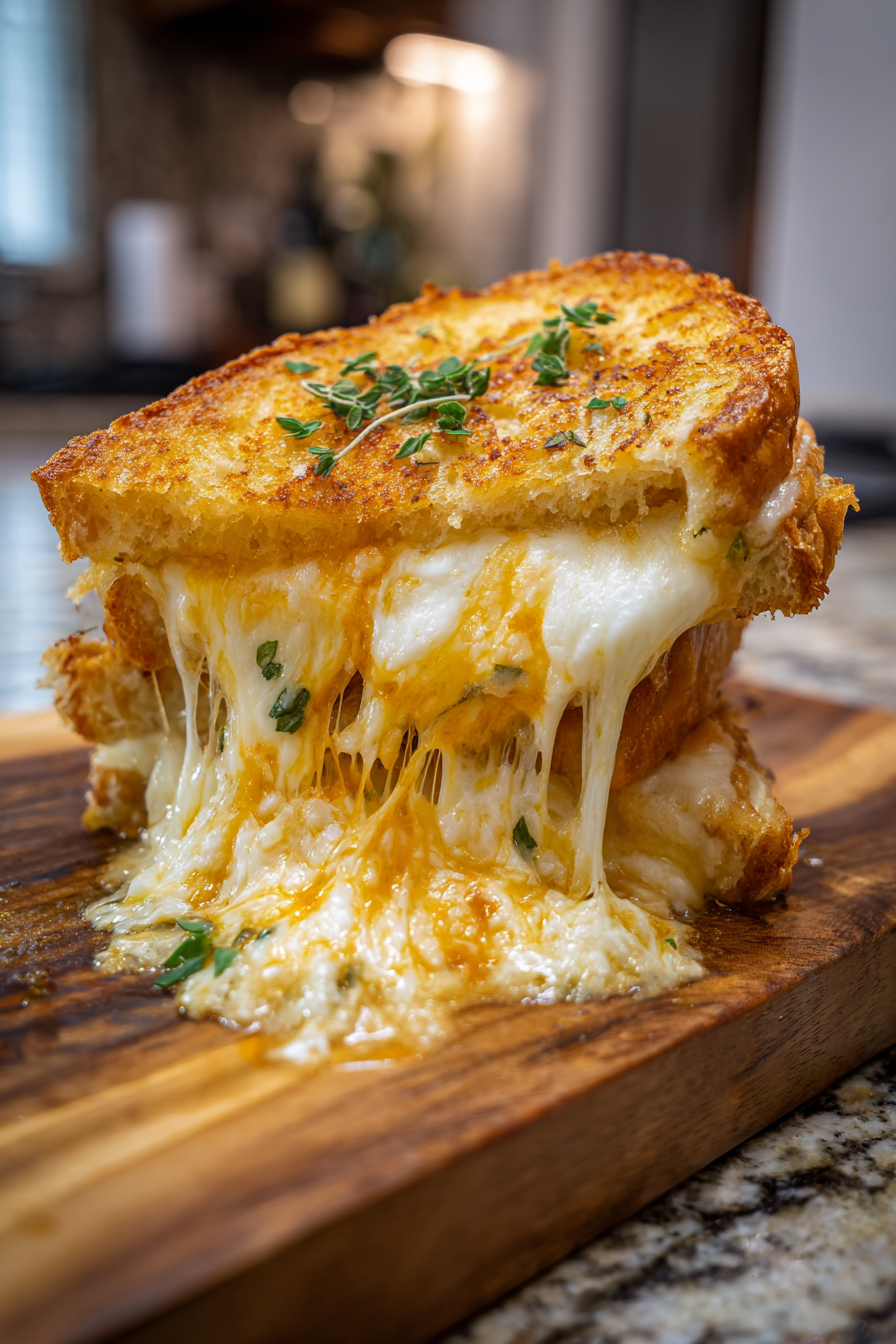 A piece of cheese covered grilled cheese sandwich.