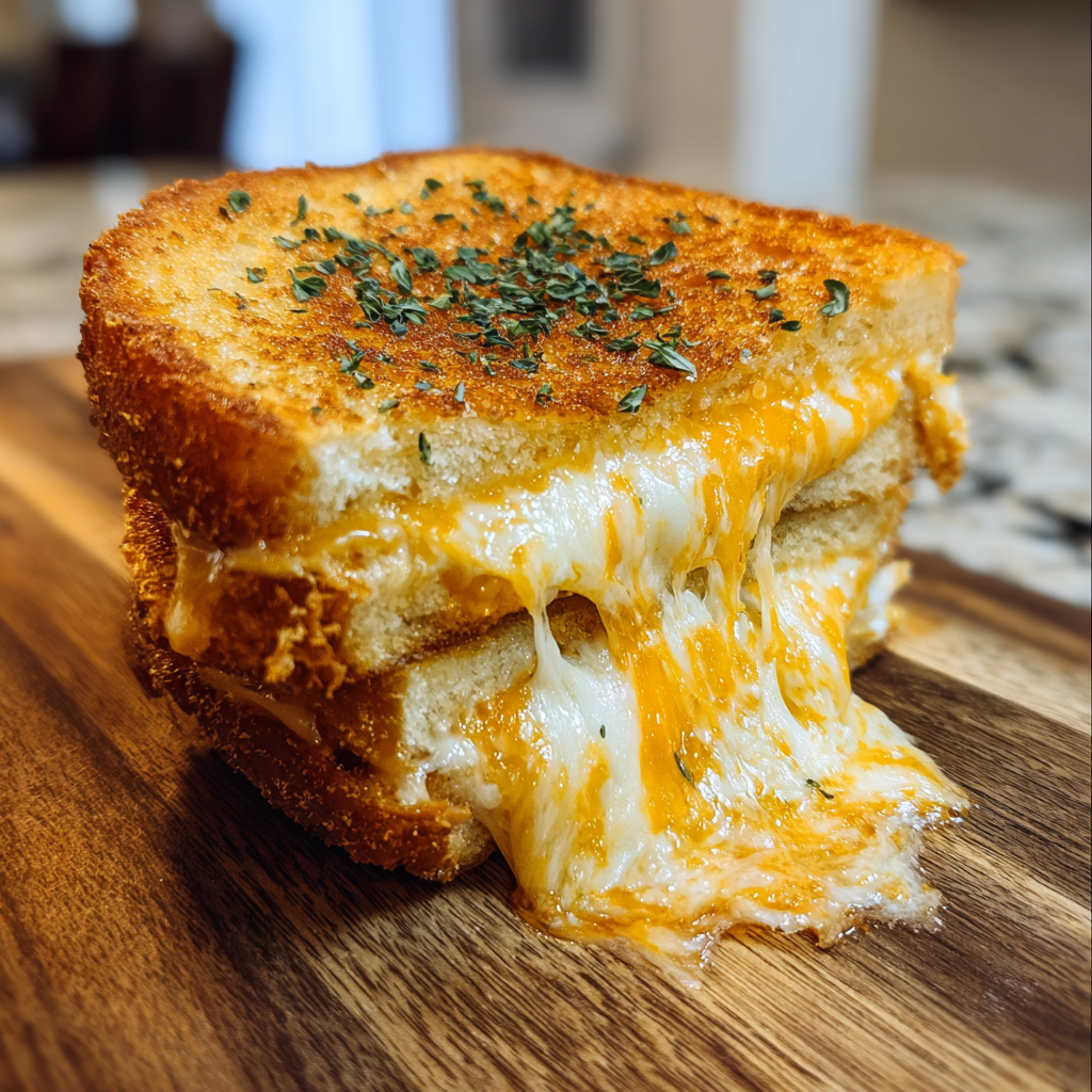 A piece of cheese and herb toast on a wooden cutting board.