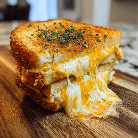 A piece of cheese and herb toast on a wooden cutting board.