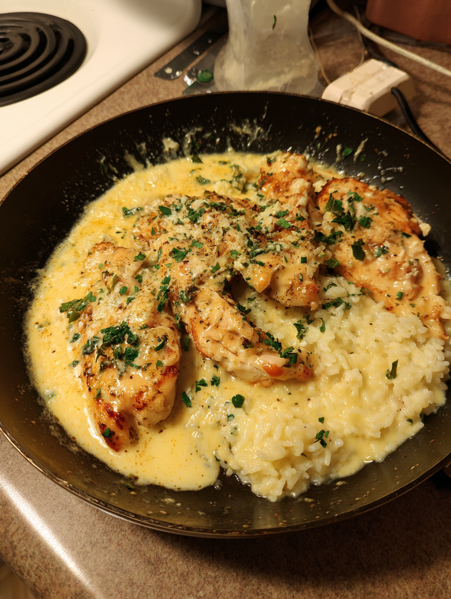 A pan of food with rice and chicken.