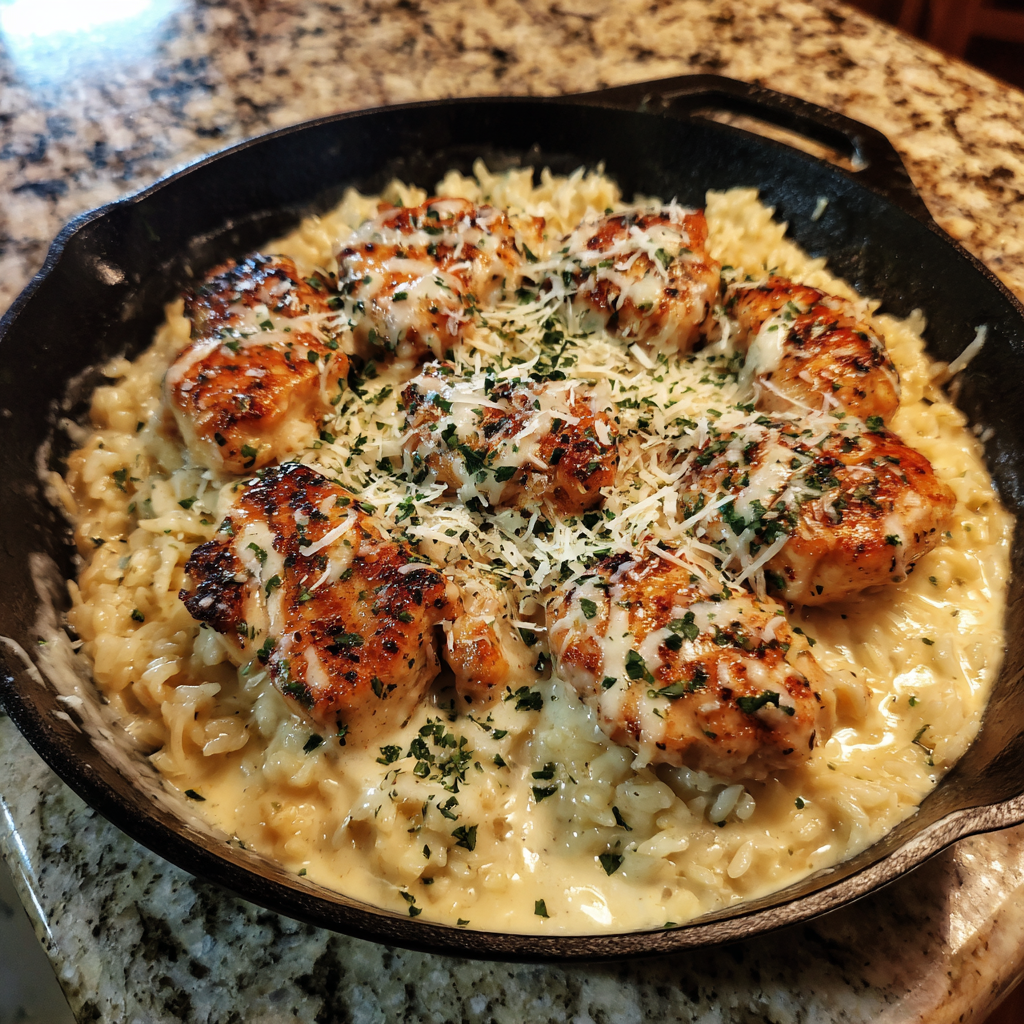 A pan of food with chicken and cheese.
