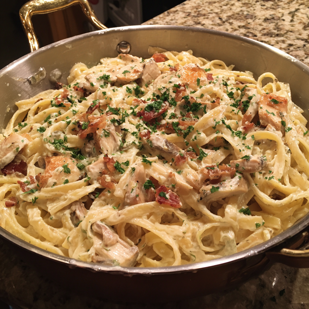 A bowl of pasta with chicken and herbs.