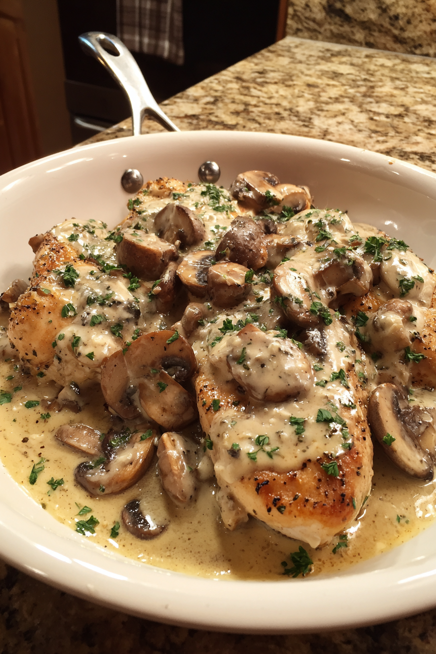 A bowl of chicken covered in mushrooms.