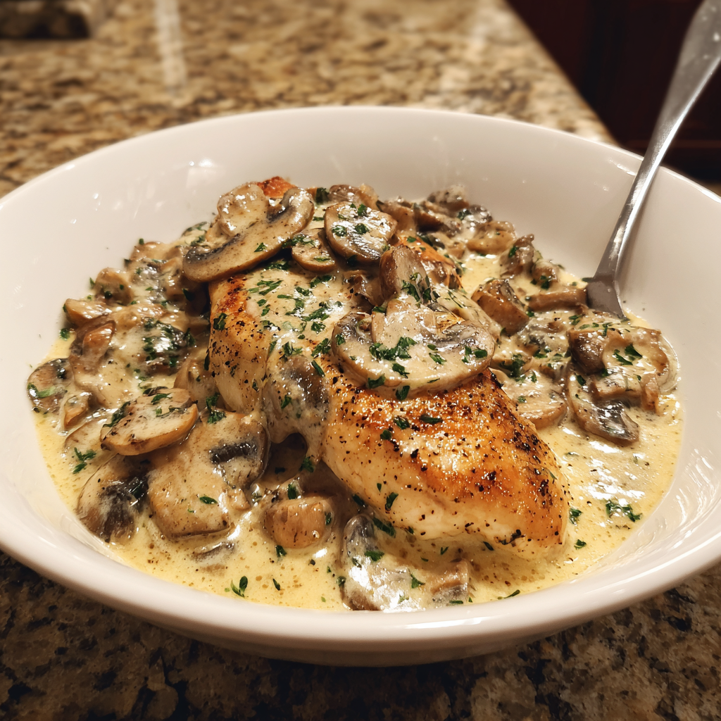 A bowl of mushrooms and fish.