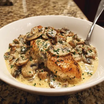 A bowl of mushrooms and fish.