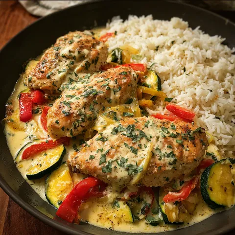 A bowl of food with rice and chicken.
