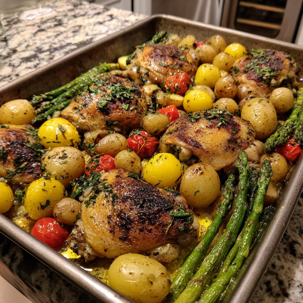 A pan of food with chicken, potatoes, and asparagus.