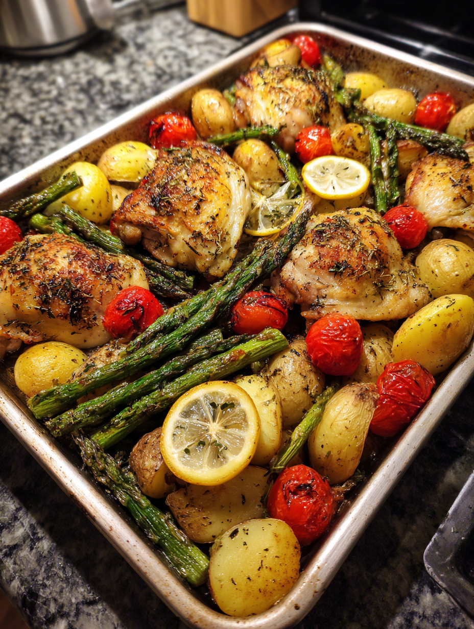 A pan of food with chicken, potatoes, asparagus, and lemon wedges.