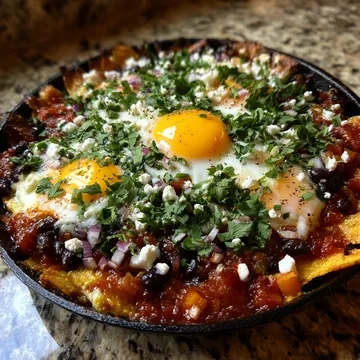 A breakfast plate with eggs and beans.
