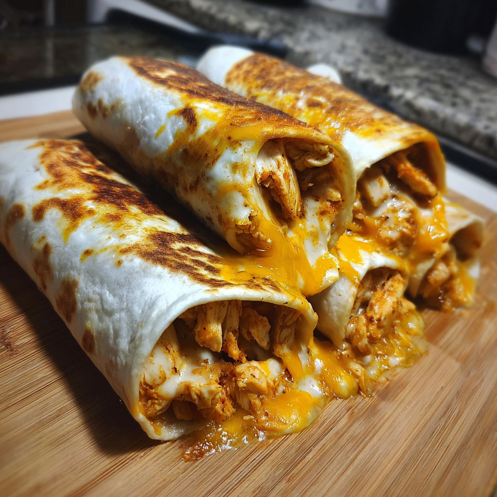 Two chicken burritos on a cutting board.