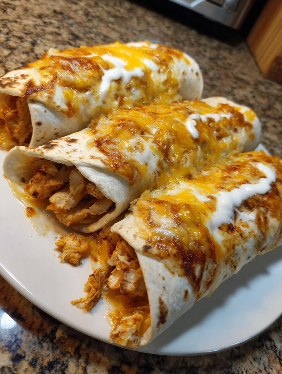 Two chicken burritos on a plate.