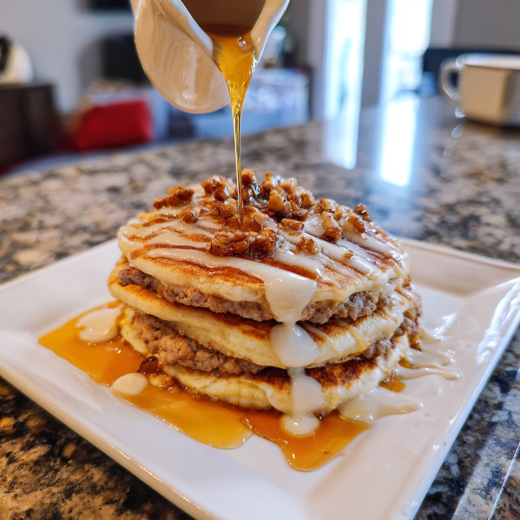 A stack of pancakes with syrup drizzled on top.