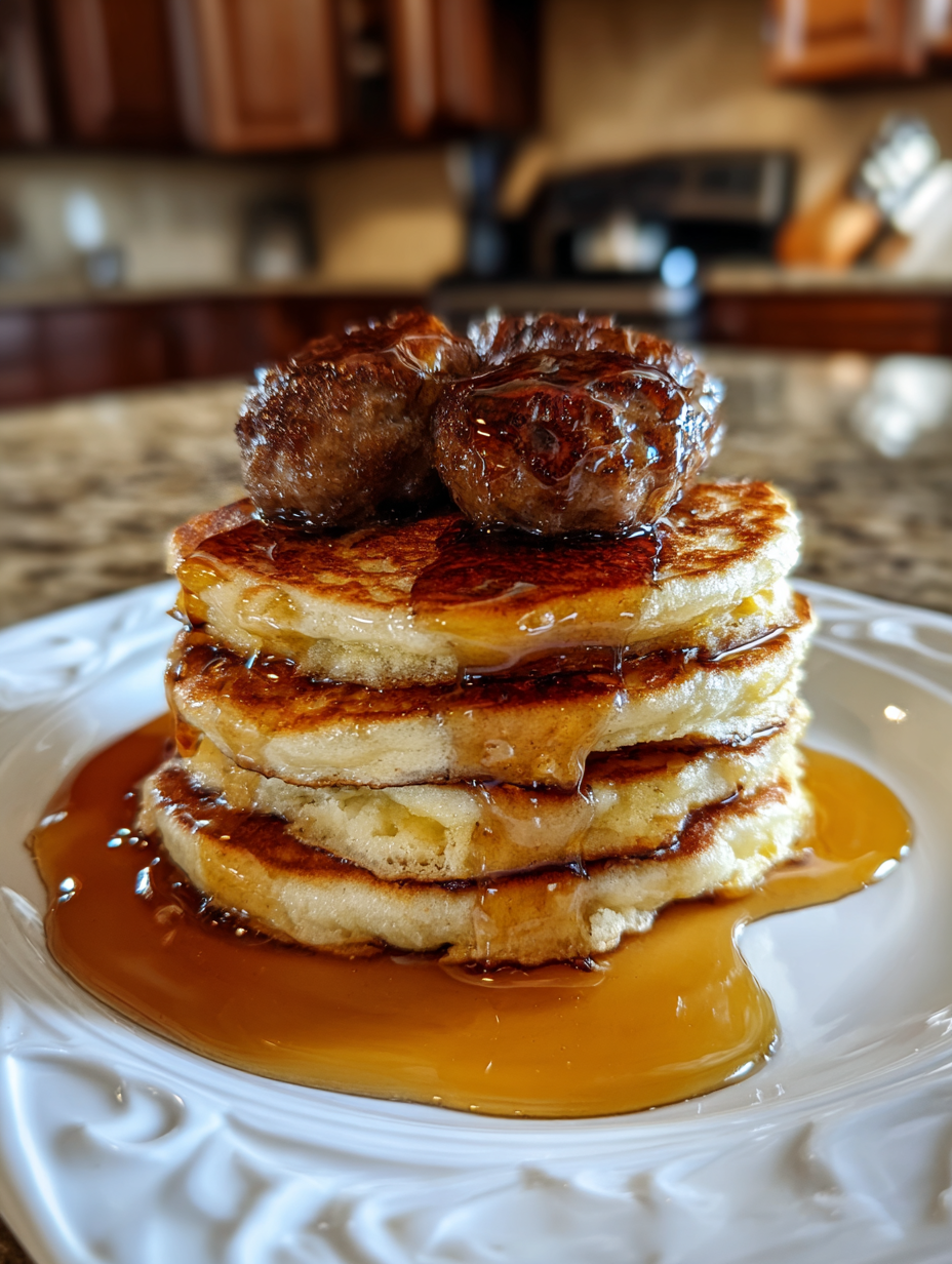 A stack of pancakes with syrup on top.