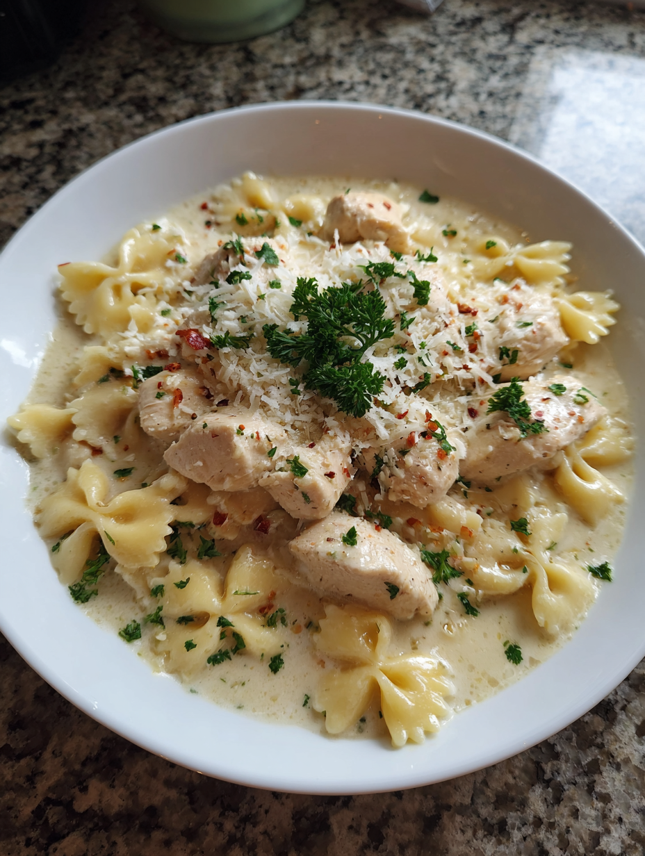 A plate of pasta with chicken and cheese.