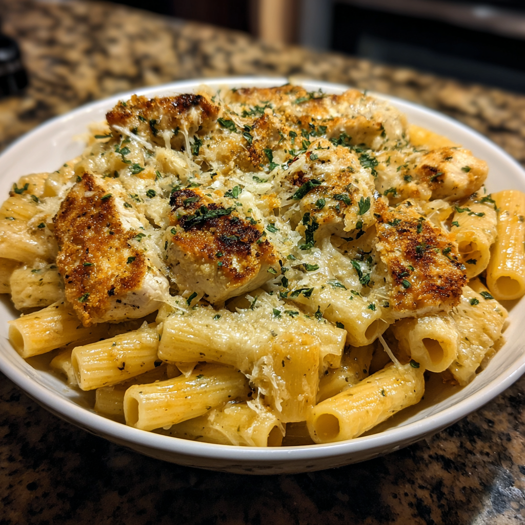 A bowl of pasta with chicken and cheese.