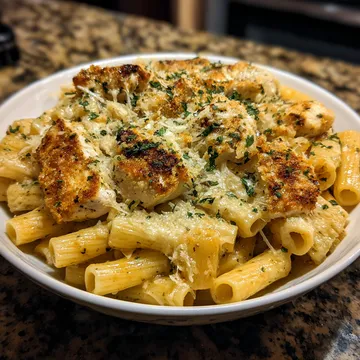 A bowl of pasta with chicken and cheese.