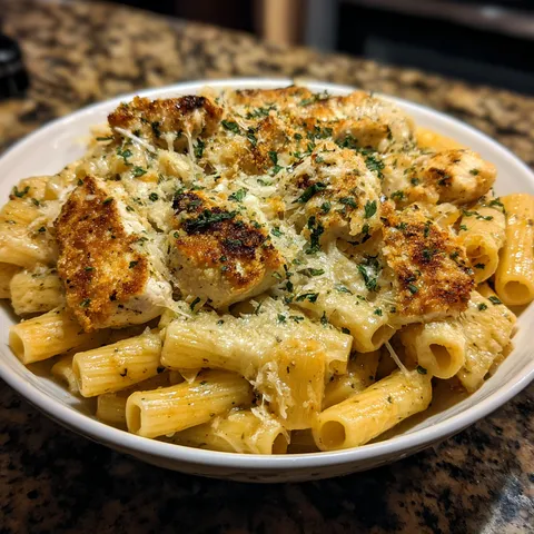 A bowl of pasta with chicken and cheese.