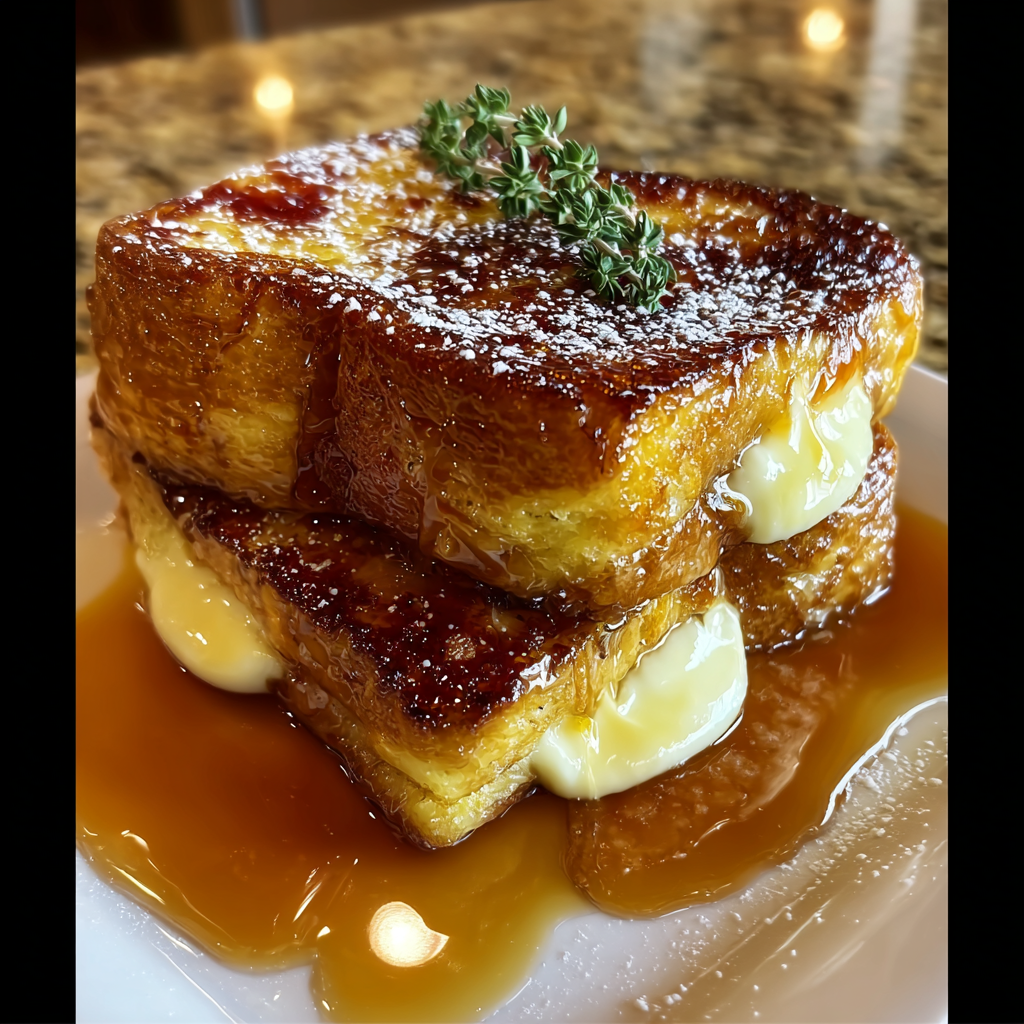 French toast with powdered sugar and a sprig of parsley.