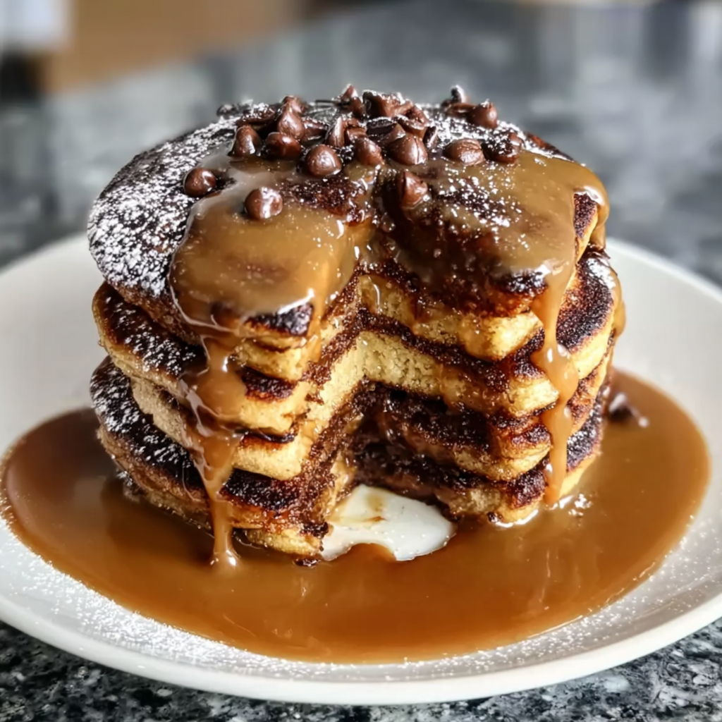 A stack of pancakes with syrup on top.